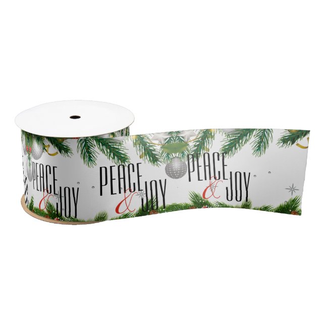 Peace And Joy Red Berries Leaves Christmas Pattern Satin Ribbon (Spool)