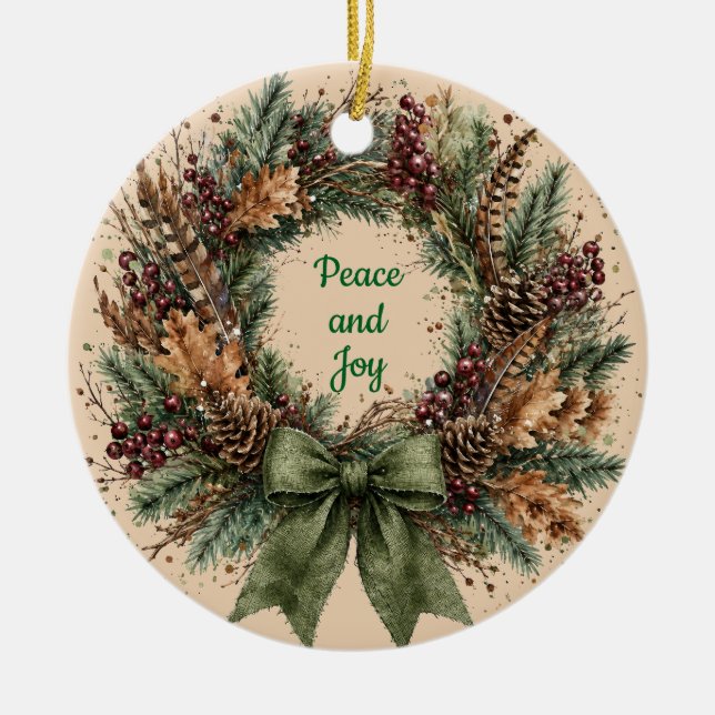 Peace and Joy Rustic Pinecone Wreath Christmas  Ceramic Tree Decoration (Front)