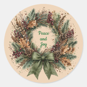 Peace and Joy Rustic Pinecone Wreath Christmas  Classic Round Sticker
