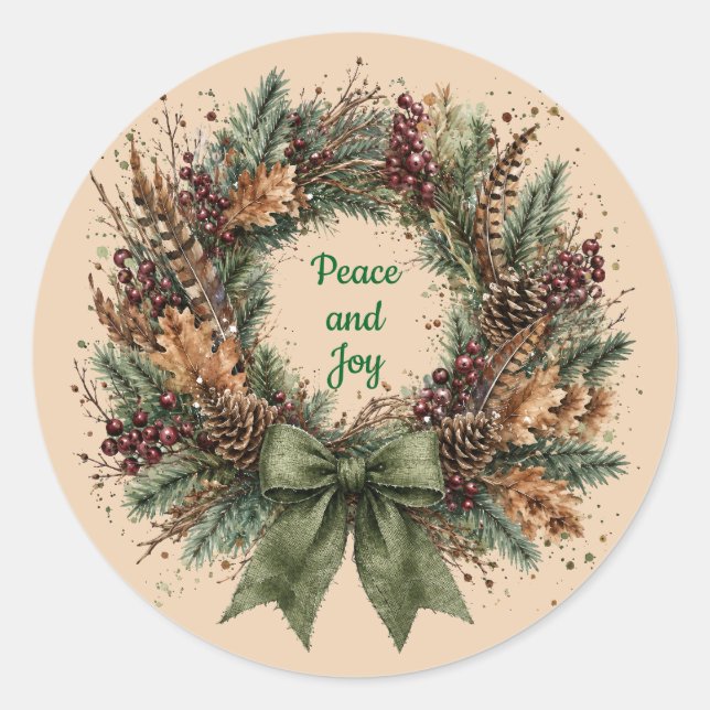 Peace and Joy Rustic Pinecone Wreath Christmas  Classic Round Sticker (Front)
