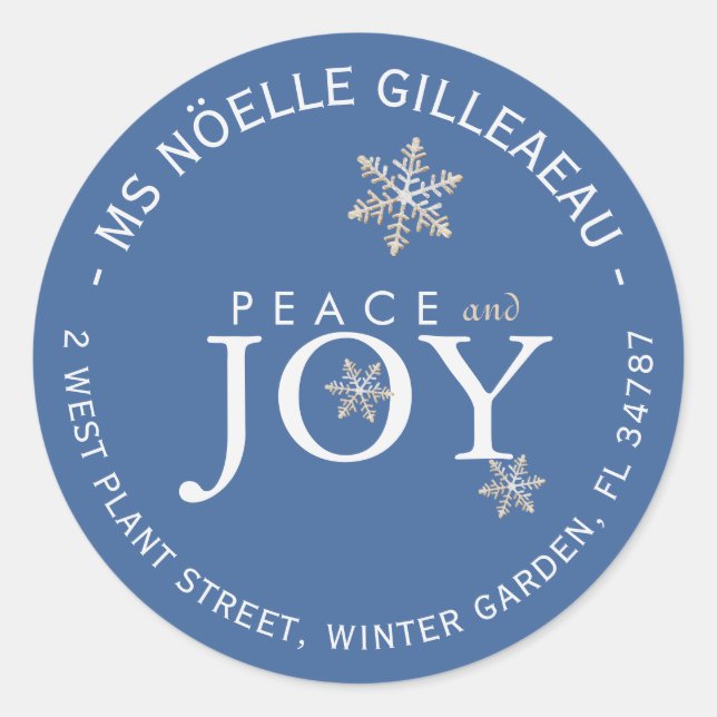 PEACE and JOY Snow-Covered Snowflakes Sky Blue  Classic Round Sticker (Front)