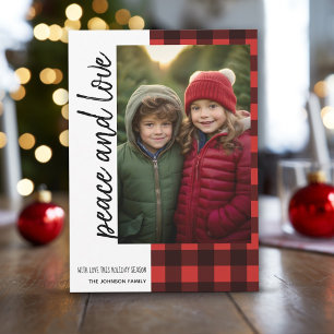 Peace and Love 1 Photo Red Black Buffalo Plaid Holiday Card