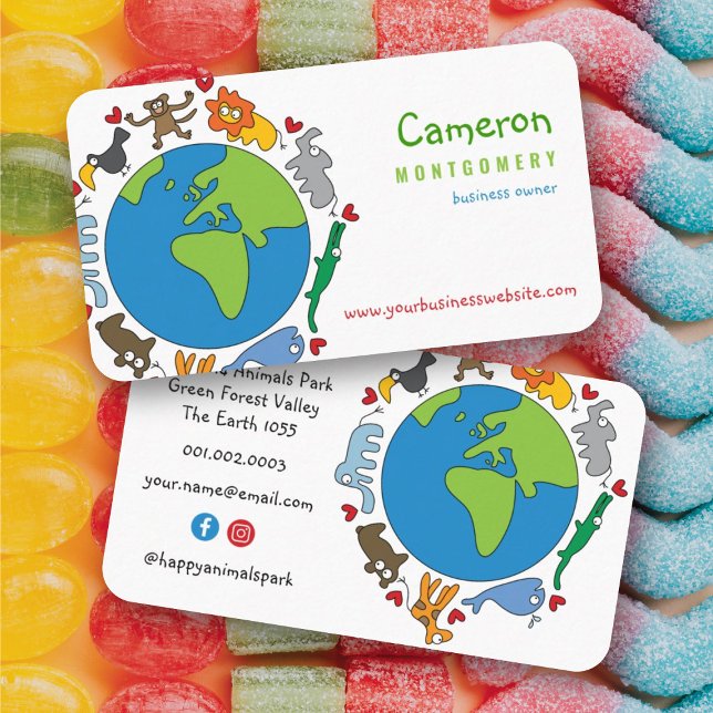 Peace And Love Cute Cartoon Animals of The World Business Card (Peace And Love Cute Cartoon Animals of The World Business Card / Profile Card @ fatfatin)