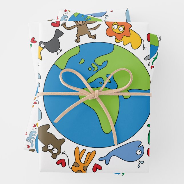 Peace And Love Cute Cartoon Animals of The World Wrapping Paper Sheet (In situ)