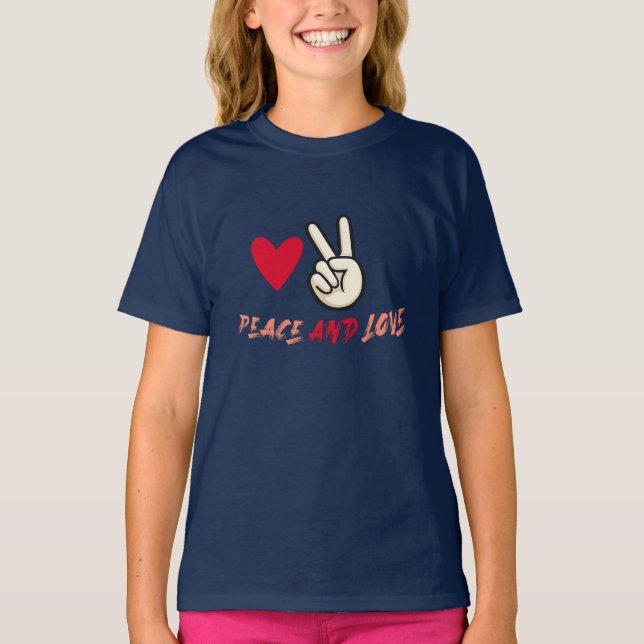 Peace and Love Girls’ T-Shirt | Cute Heart and Pea (Front)