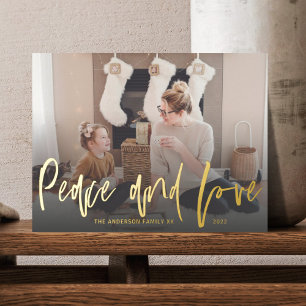 Peace and Love Gold Foil Script 1 Photo Christmas  Holiday Postcard
