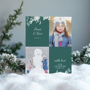 Peace And Love Green Snowy Minimal Family Photo Holiday Card