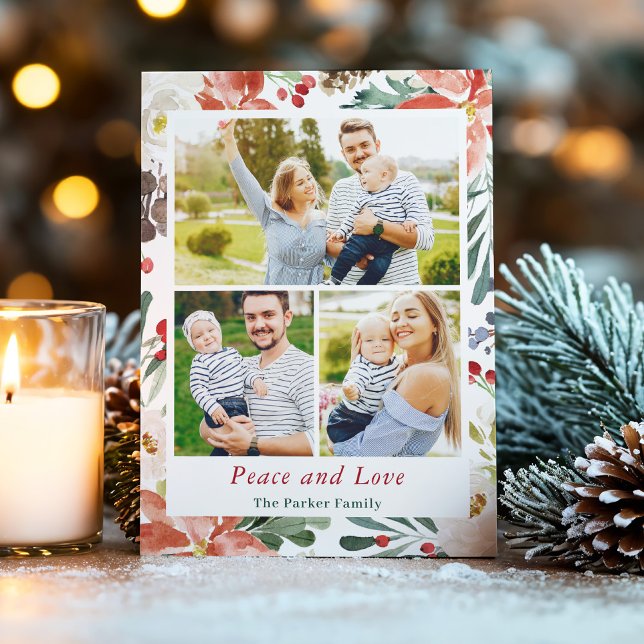 Peace and Love Holly Berries Floral Xmas 3 Photo Holiday Card (Creator Uploaded)