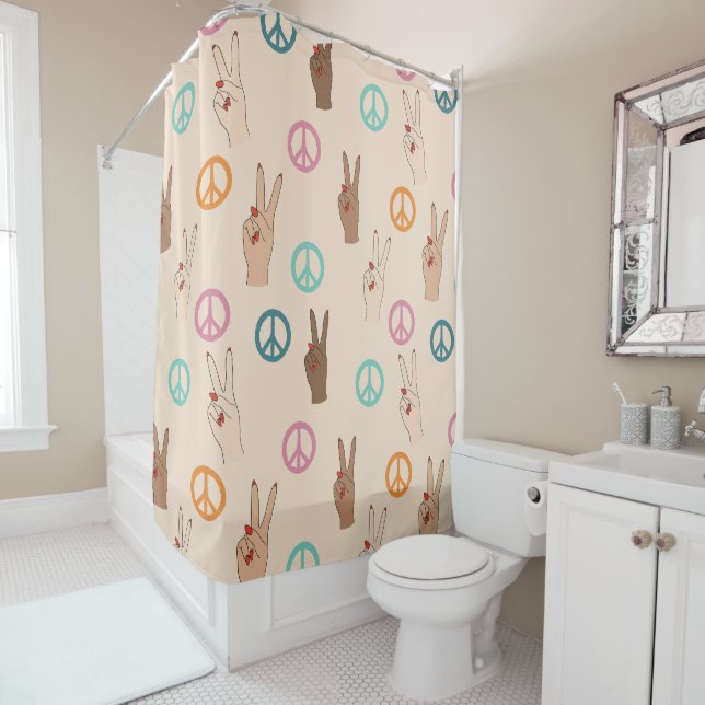 Peace and Love Multicultural Hand Pattern Shower Curtain (In Situ)