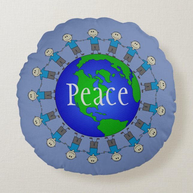 Peace and Love Planet Earth Cute Stick Figures Round Cushion (Front)