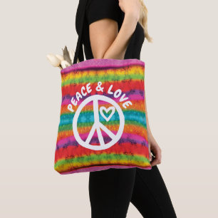Peace and Love Tie Dye Stripes Tote Bag