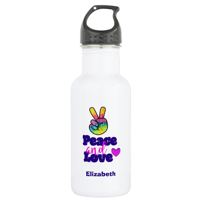 Peace and Love Typography Rainbow Hand Peace Sign 532 Ml Water Bottle (Front)