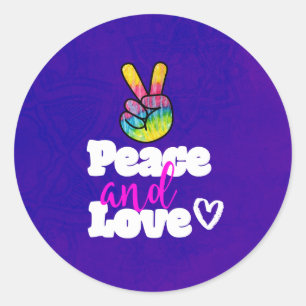 Peace and Love Typography Rainbow Hand Peace Sign Classic Round Sticker