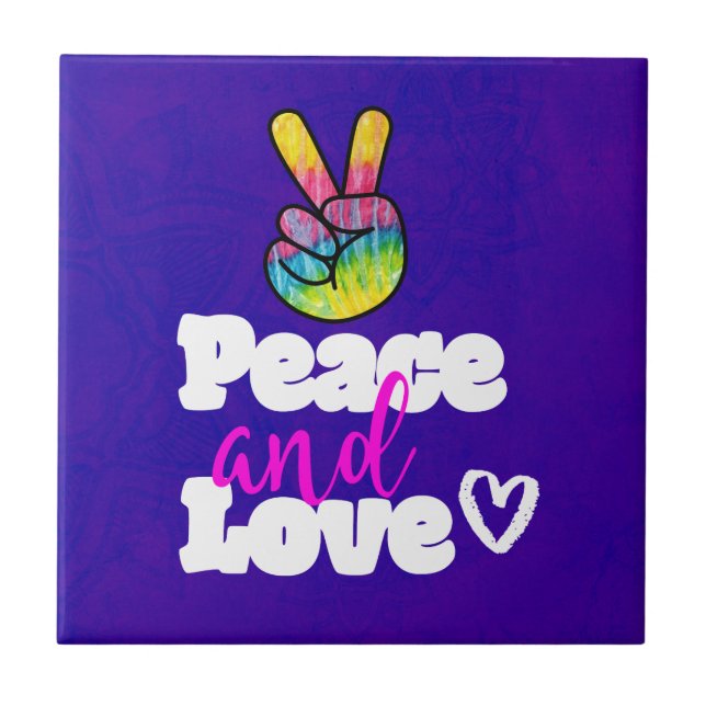 Peace and Love Typography Rainbow Hand Peace Sign Tile (Front)