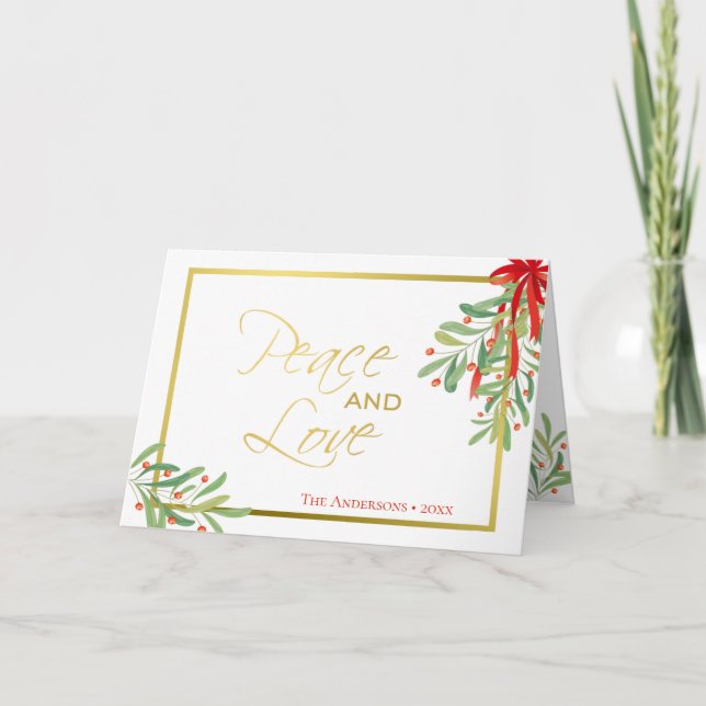 Peace and Love | Watercolor Mistletoe  Holiday Card (Front)