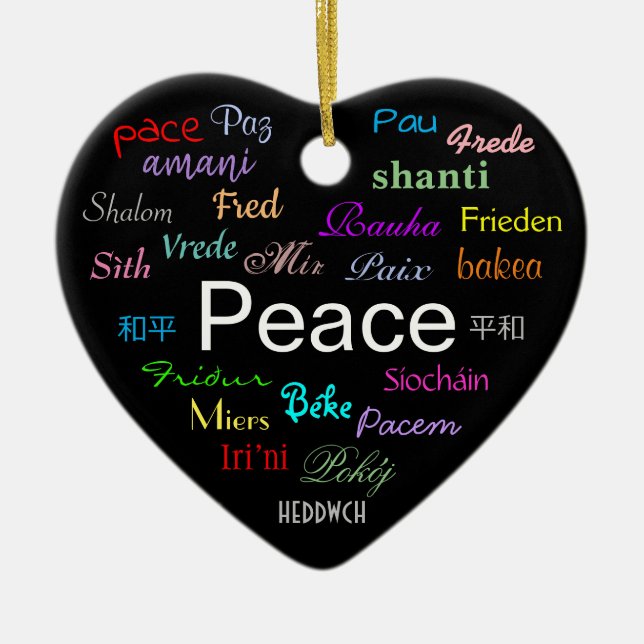 Peace Around the World in Black Ceramic Tree Decoration (Front)
