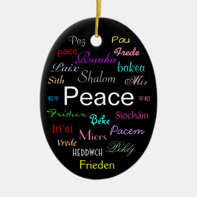 Peace Around the World in Black Ceramic Tree Decoration (Front)