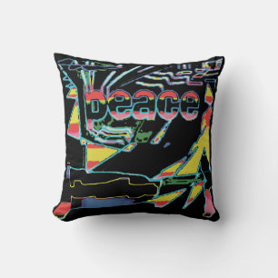 "Peace" Art Graphic Red Yellow Aqua Pink on Black Cushion