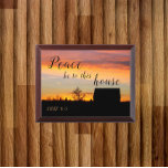 Peace Be To This House Sunset Silhouette Plaque<br><div class="desc">Wood wall plaque that features the photo image of a colourful sunset with house silhouette along with Bible verse text that reads,  "Peace Be To This House." A thoughtful gift for family and friends!</div>