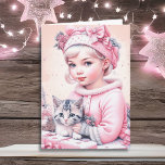 Peace be with You and Yours | Christmas  Card<br><div class="desc">Pretty watercolor Christmas holiday card. Adorable little vintage girl in winter cap with pink flowers holding a little grey striped kitten.</div>