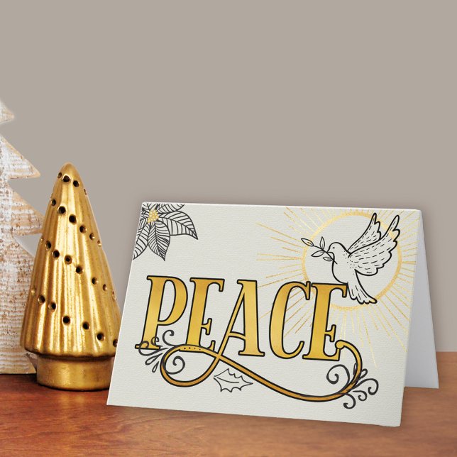 Peace Black Gold Typography Radiant Dove Business Holiday Card (Peace Christmas Card. Buy professionally printed or as a printable digital download.)