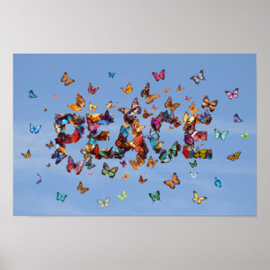 PEACE Blue Sky Butterflies   Motivational Hope Art Poster