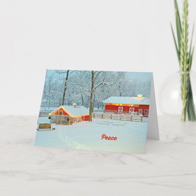 Peace Christmas Card with a Snowy Farm Scene (Front)
