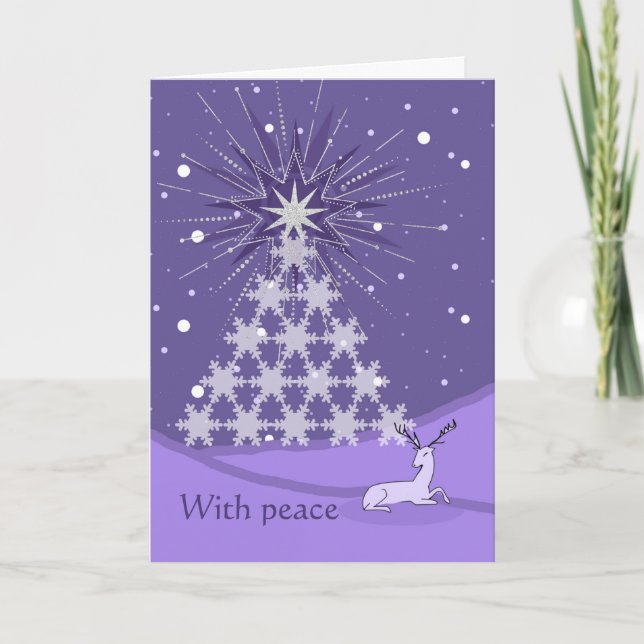Peace Christmas Tree and Deer in Violet Card (Front)