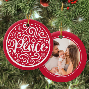 Peace Custom Family Photo Christmas Holiday Red Ceramic Tree Decoration