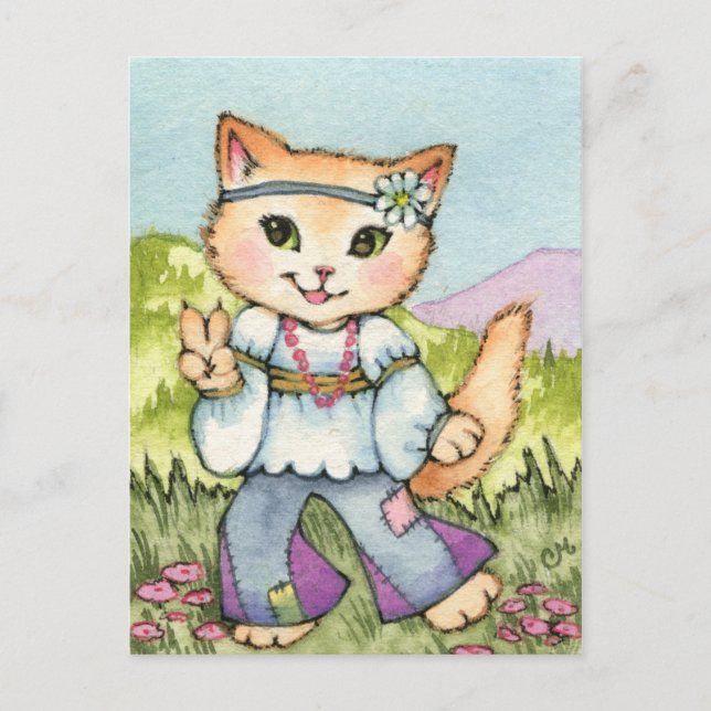 Peace - Cute Hippie 60s Cat Art Postcard (Front)