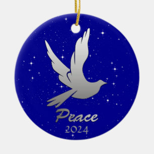 Peace Dove in Silver Grey Against a Starry Sky Ceramic Tree Decoration