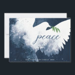 Peace Dove Navy Blue Holiday Card<br><div class="desc">These 7" x 5" flat holiday greeting cards feature an abstract dove in shades of navy blue. "peace" in blue along with a green olive branch. Customise with your family name and year.</div>