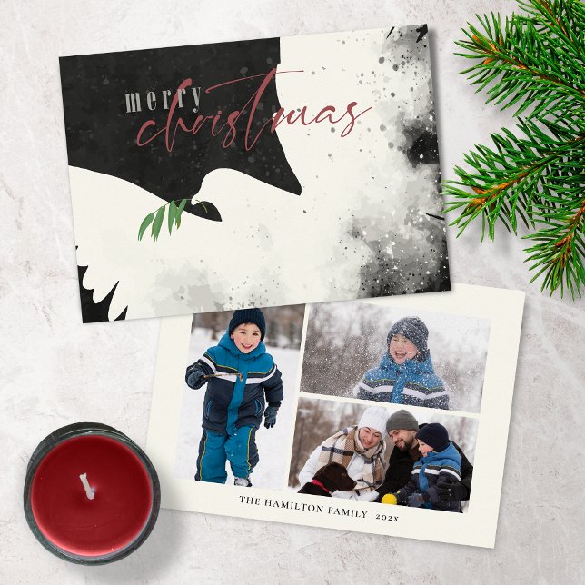 Peace Dove Photo Merry Christmas Black Burgundy  Holiday Card (Creator Uploaded)