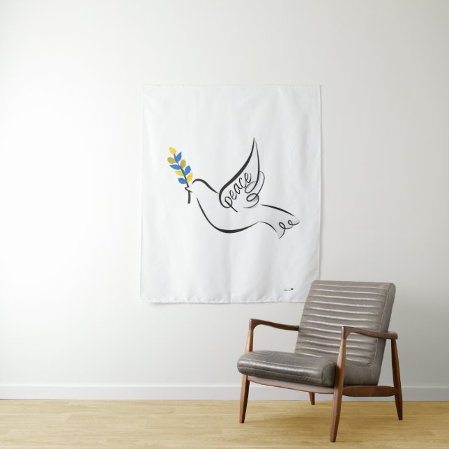 Peace Dove w/ Olive Branch in Ukraine Flag colours Tapestry (In Situ)