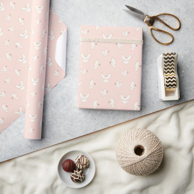 Peace Doves White And Pink Pattern Christmas Wrapping Paper (Crafts)