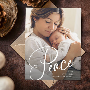 Peace   Elegant Script and Photo Christmas Holiday Postcard