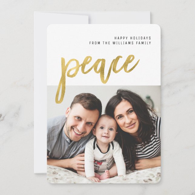 Peace | Gold Calligraphy Photo Holiday Card (Front)