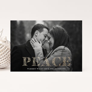 Peace Golden Winter Floral Lettering Photo Holiday Card