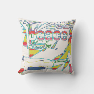 "Peace" Graphic, Red Yellow Aqua Pink on Off-white Cushion