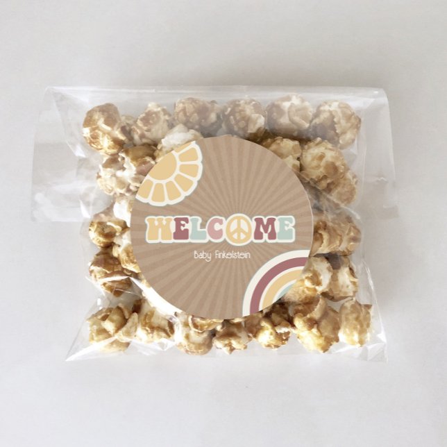 Peace Groovy Welcome Pink Brown Baby Shower Hippie Classic Round Sticker (Creator Uploaded)