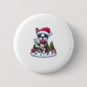 Peace Hand Boston Terrier Christmas Lights Womens  6 Cm Round Badge