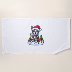 Peace Hand Boston Terrier Christmas Lights Womens Beach Towel