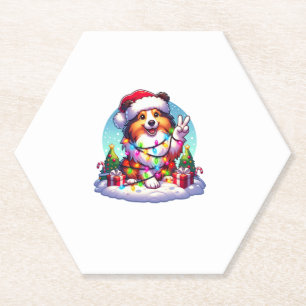 Peace Hand Shetland Sheepdog Christmas Lights Wome Paper Coaster