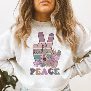 Peace Hand Sign Retro 70s Floral Daisy  Sweatshirt