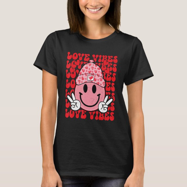 Peace Hand Sign Retro Smile Face Love Vibes Valent T-Shirt (Front)