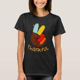 Peace Hand Sign Thankful Turkey Thanksgiving Autum T-Shirt