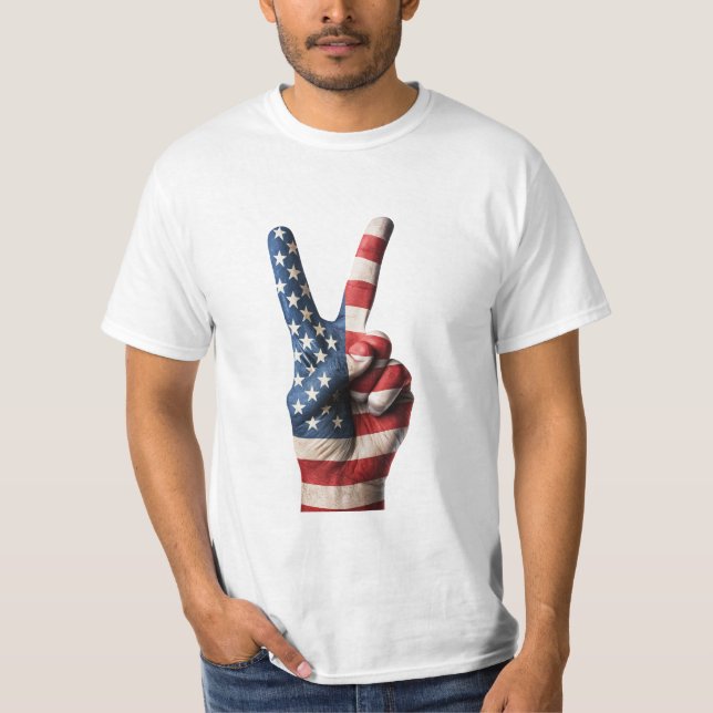 Peace Hand with USA Flag Pattern T-Shirt (Front)
