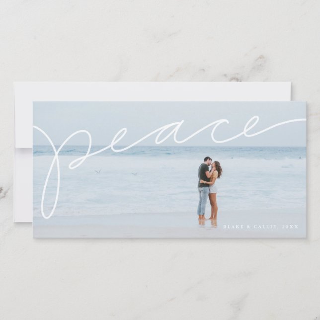 Peace handlettered horizontal holiday photo card (Front)