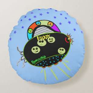 Peace Happy Faces Spaceship Stars Kids Round Cushion