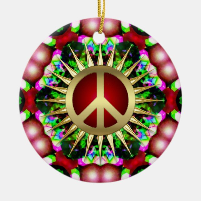 Peace Hippie Hexagon Christmas Ceramic Ornament (Front)